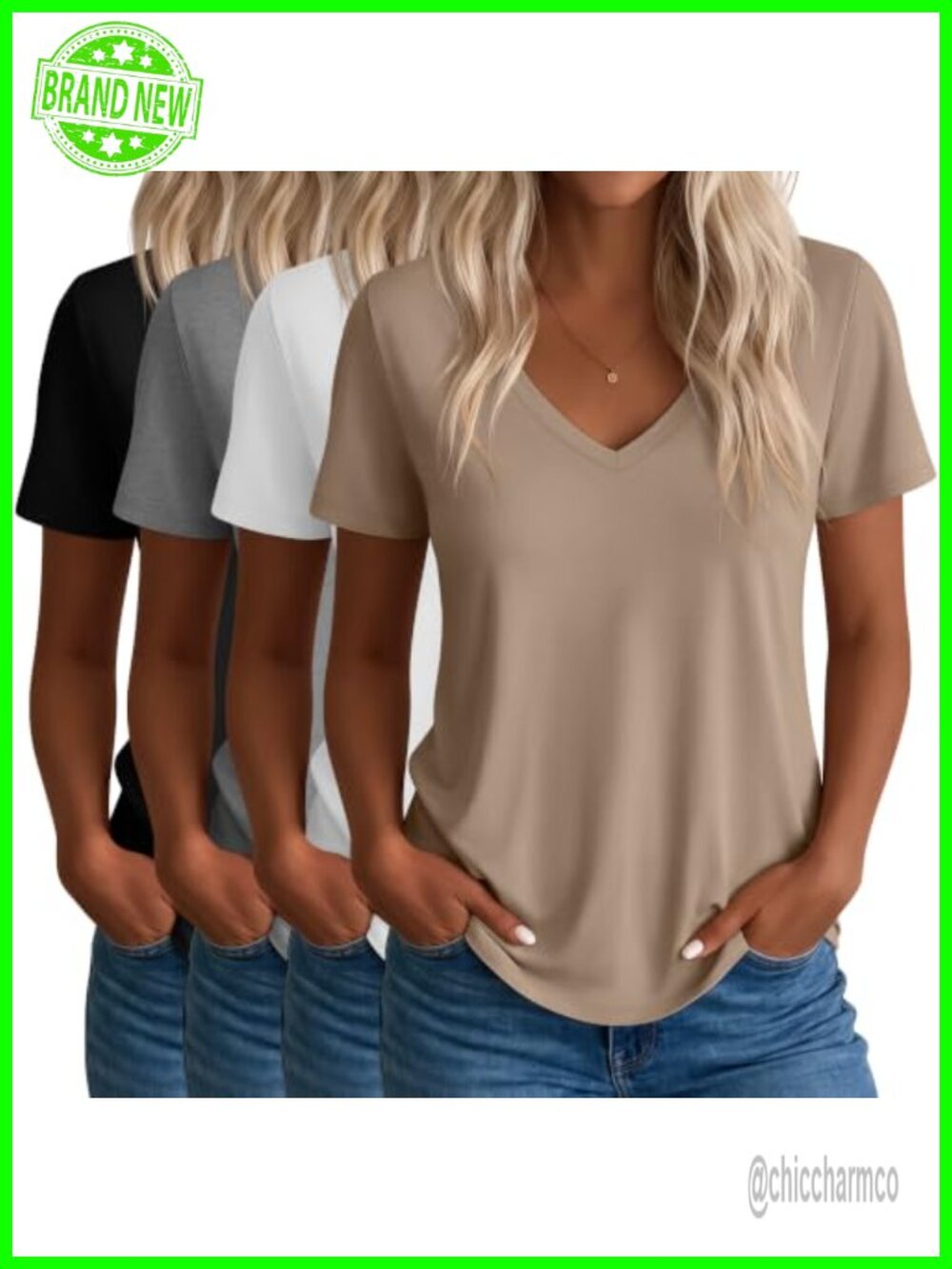 4 Pack Women's V Neck Short Sleeve T Shirts Knit Soft Stretch Casual Summer